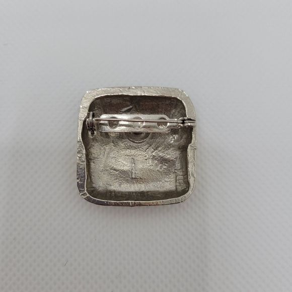 Retro Mid-Century Square Striped Pin Silver Black Ivory Enamel - Picture 5 of 5